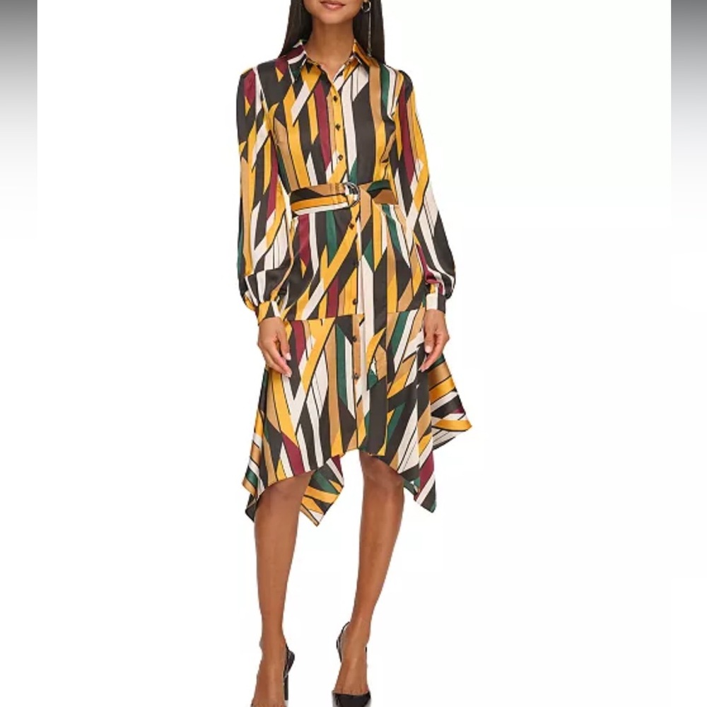 KARL LAGERFELD PARIS Printed Handkerchief Hem Long Sleeve Shirt Dress Size 10